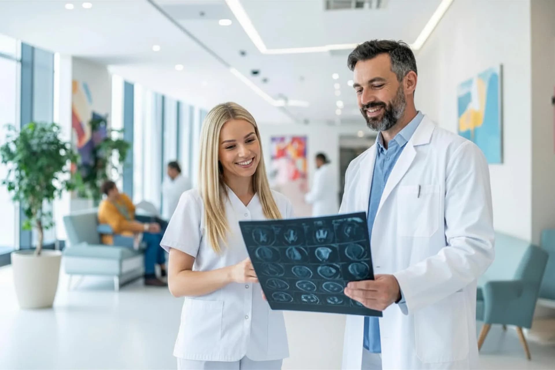 MTR und Arzt besprechen MRT-Bilder in moderner radiologischer Praxis